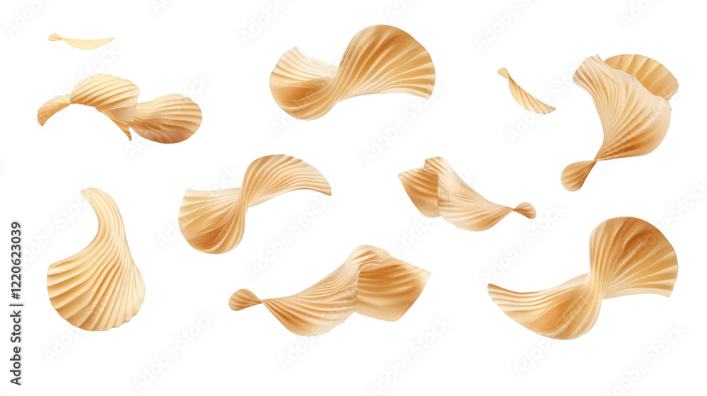 Set of flying delicious potato chips, isolated on white background. Set of flying delicious potato chips, isolated on white background.