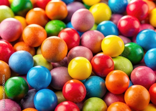 Close-up of vibrant, colorful candy balls; a sweet and gummy dessert delight.