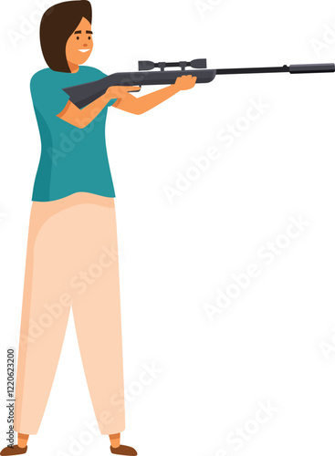 Sportswoman aiming with a rifle, participating in biathlon competition or practicing hunting