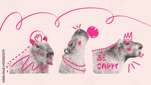 A quirky capybara halftone photocopy illustration with vibrant pink doodles, perfect for playful designs and campaigns
