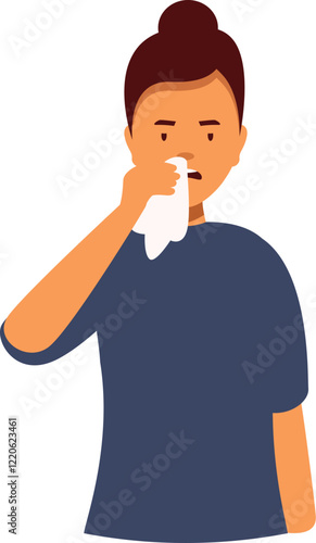 Young woman with a cold or flu is blowing her nose with a tissue