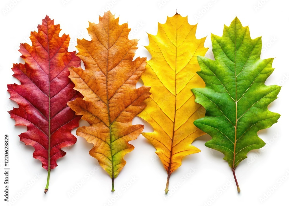 Obraz premium Crisp autumn oak leaves, isolated on white, showcasing vibrant fall foliage.