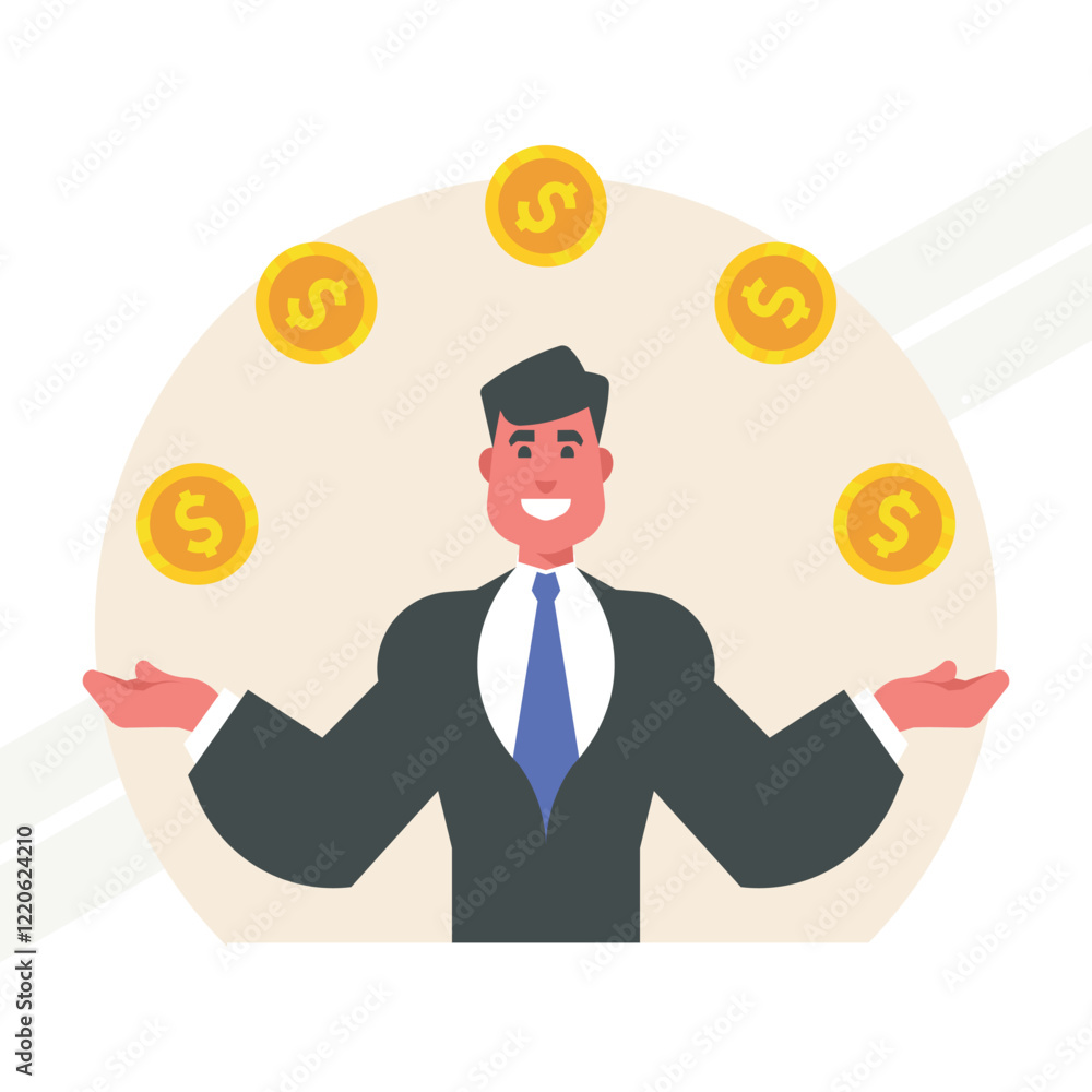 A businessman juggling coins representing financial management and multitasking A businessman juggling coins representing financial management and multitasking