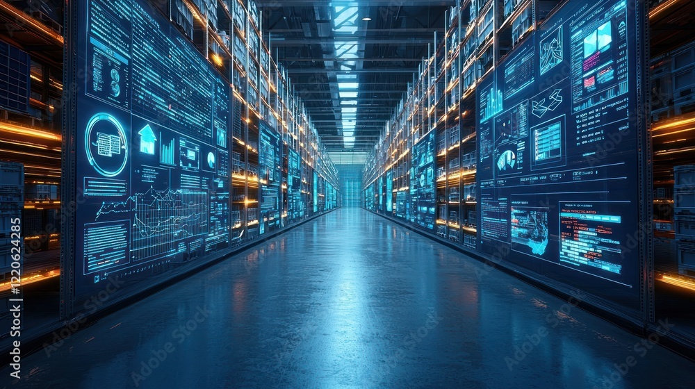 Obraz premium Futuristic Warehouse Displays Data Analytics Information