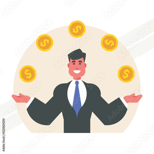 A businessman juggling coins representing financial management and multitasking