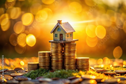 Miniature House on Stack of Coins: Financial Growth and Real Estate Concept Stock Photo