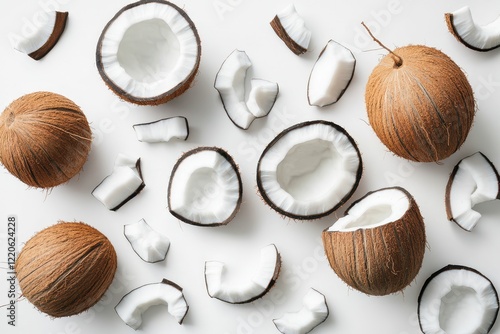 Tropical coconuts cracked open on white background, scattered pieces, overhead shot, food blog photo