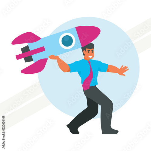 A businessman launching a rocket representing ambition and progress