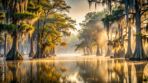 Misty Caddo Lake Bayou: Bald Cypress Trees & Spanish Moss, Texas Swamp