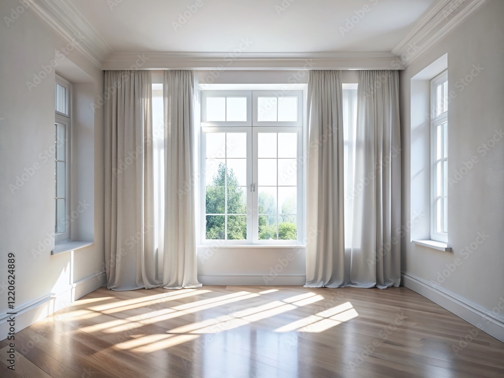Fototapeta premium Bright Minimalist Empty Room Interior Design Stock Photo: White Walls, Window, Curtains