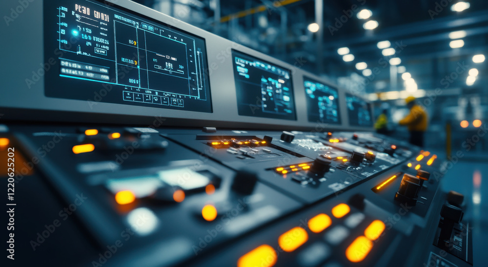 Control panel in a high-tech industrial facility during a busy workday Control panel in a high-tech industrial facility during a busy workday