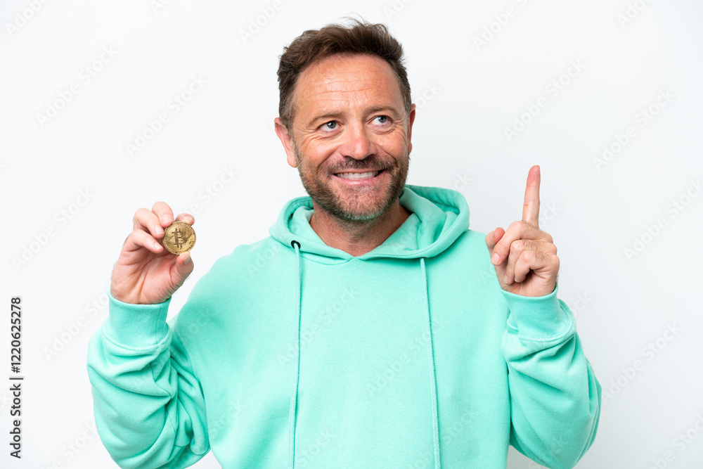 Middle age man holding a Bitcoin over isolated background pointing up a great idea Middle age man holding a Bitcoin over isolated background pointing up a great idea