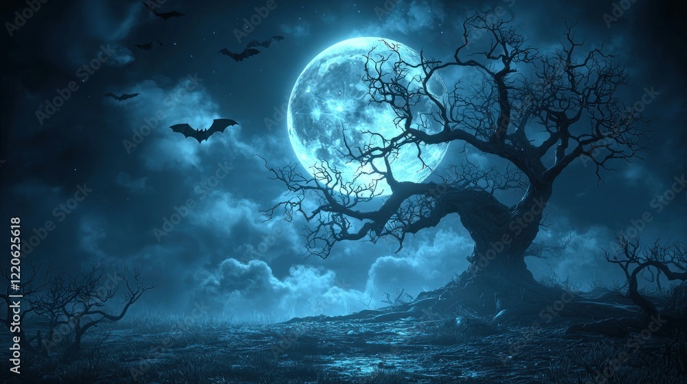 Naklejka premium A Spooky Halloween Night Scene With Bats and a Dead Tree