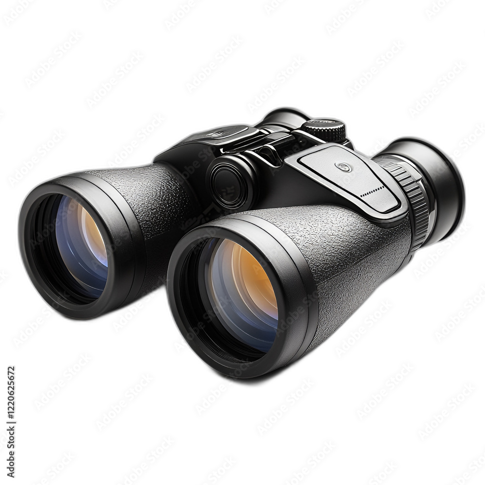 High quality black binoculars with lenses isolated transparent background High quality black binoculars with lenses isolated transparent background