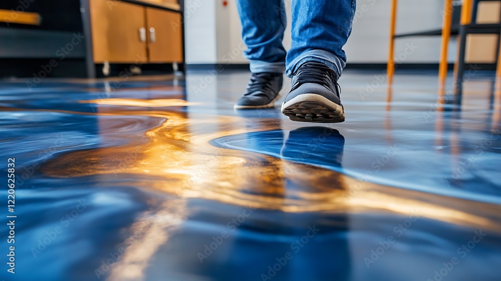 Fototapeta premium A metallic epoxy floor in blue and gold, featuring a person's feet, set in a contemporary industrial space.