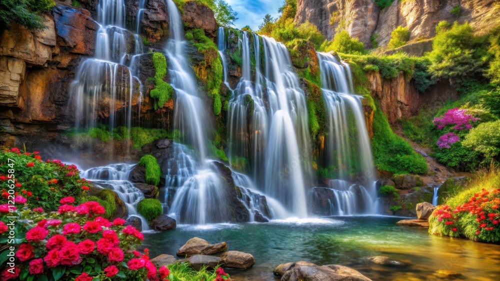 Obraz premium Majestic waterfall cascading down rocky cliffs with lush greenery and vibrant flowers surrounding it , flowers, rocks