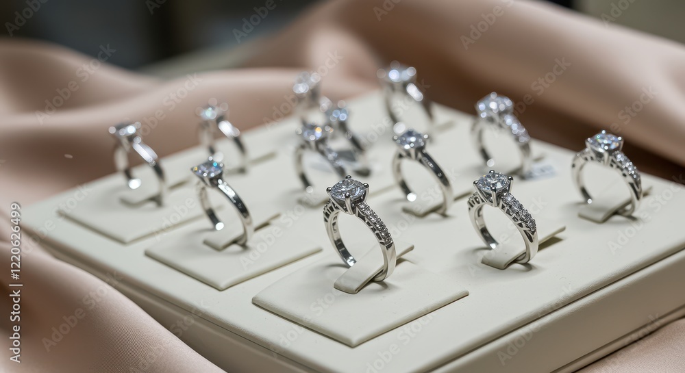 An assortment of silver engagement rings with varying diamond cuts displayed in a jewelry store An assortment of silver engagement rings with varying diamond cuts displayed in a jewelry store