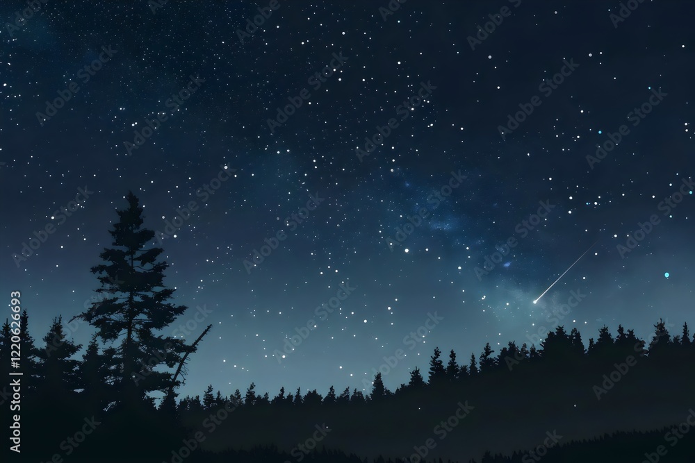 Naklejka premium A hyper-realistic nighttime landscape featuring a clear, star-filled sky with the Milky Way prominently visible across the scene. The stars vary in brightness, creating depth and dimension in the vast