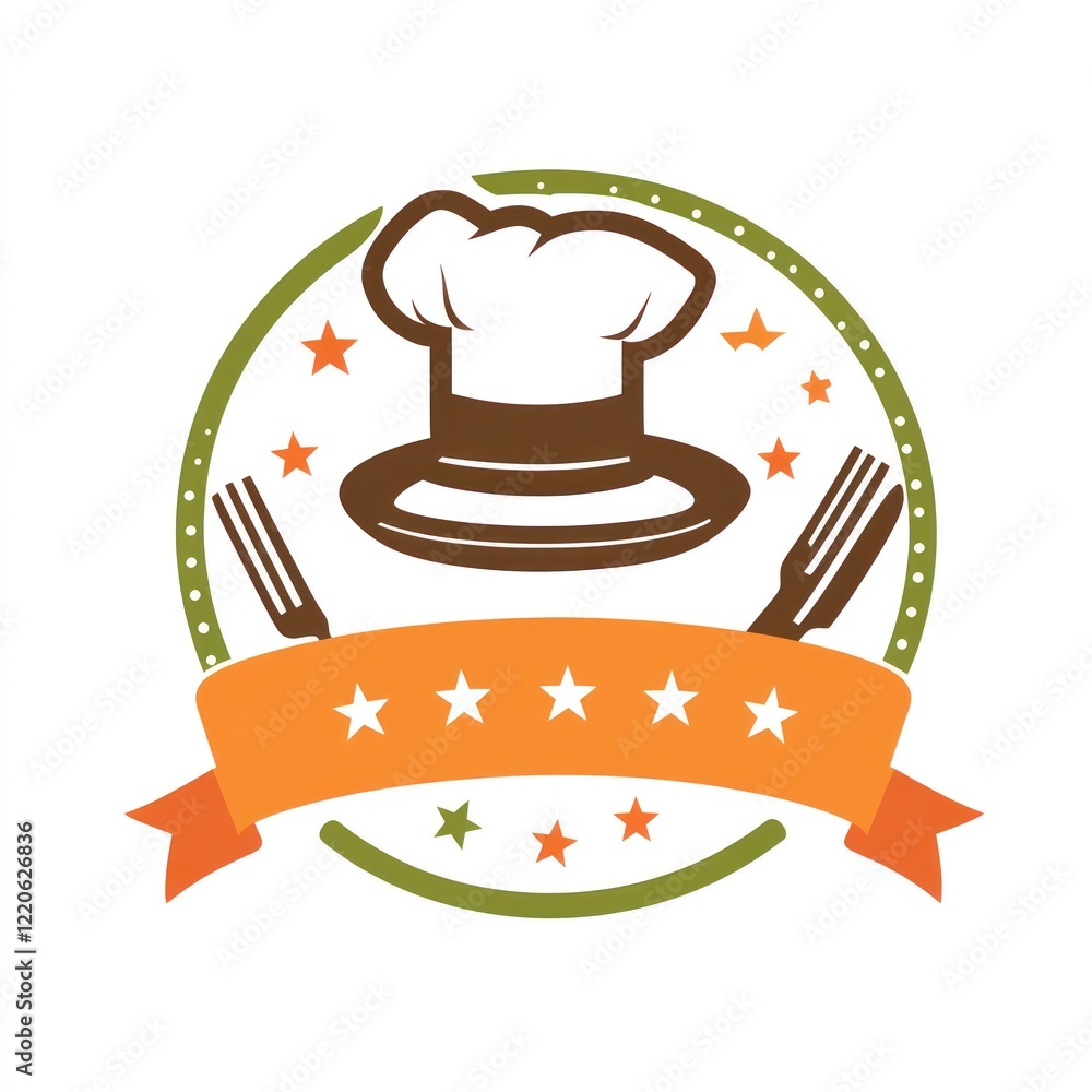 Chef hat, forks, stars in circle over ribbon for culinary design or food use Chef hat, forks, stars in circle over ribbon for culinary design or food use
