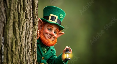 A leprechaun peeking out from behind a tree, holding a tiny lantern, Ai Generated