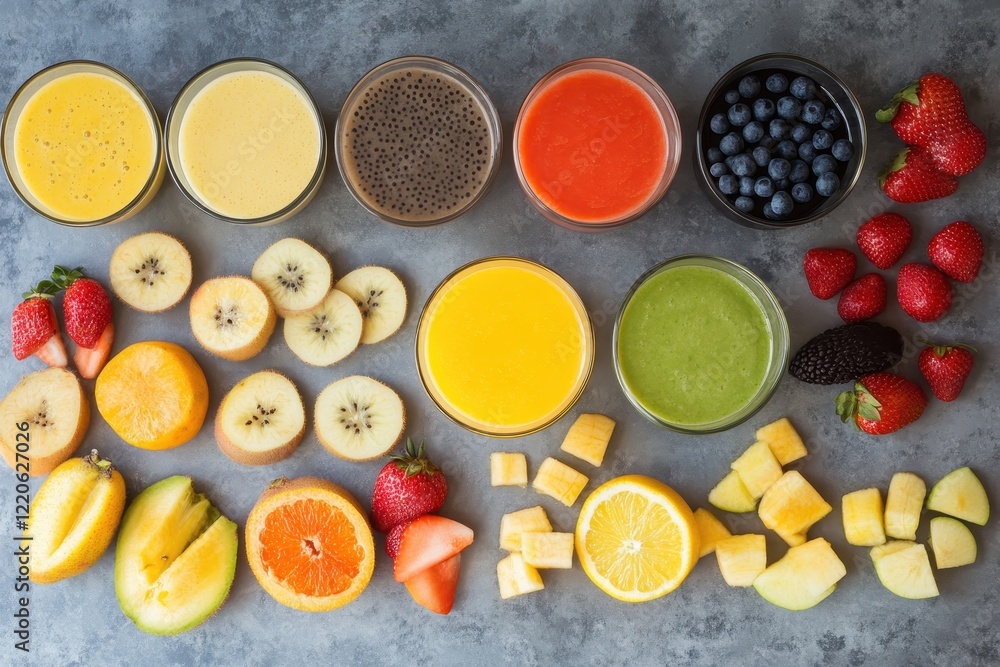 Colorful fruit smoothies, ingredients, kitchen, overhead shot, recipe Colorful fruit smoothies, ingredients, kitchen, overhead shot, recipe