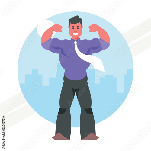 A businessman showing muscles representing strength and confidence