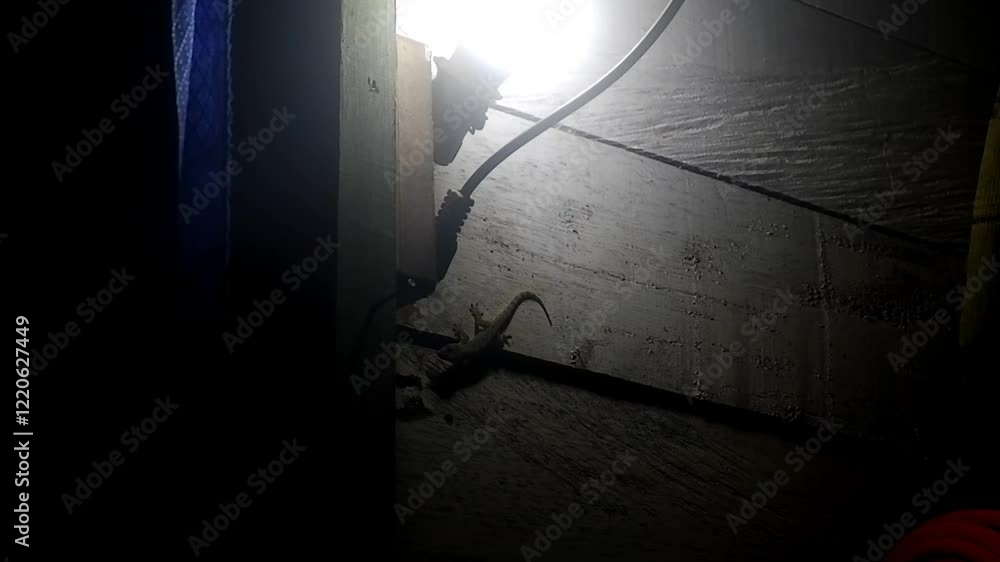 a lizard stuck to the wall looking for food under the light of the lamp a lizard stuck to the wall looking for food under the light of the lamp
