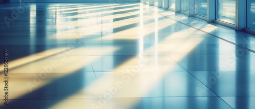 Sunlight streams cast geometric shadows across a polished floor, creating an abstract play of light and architecture.