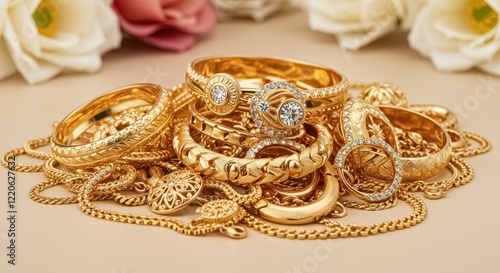 Wallpaper Mural A pile of mixed gold jewelry including necklaces, bracelets and rings with intricate designs placed on a soft neutral background Torontodigital.ca