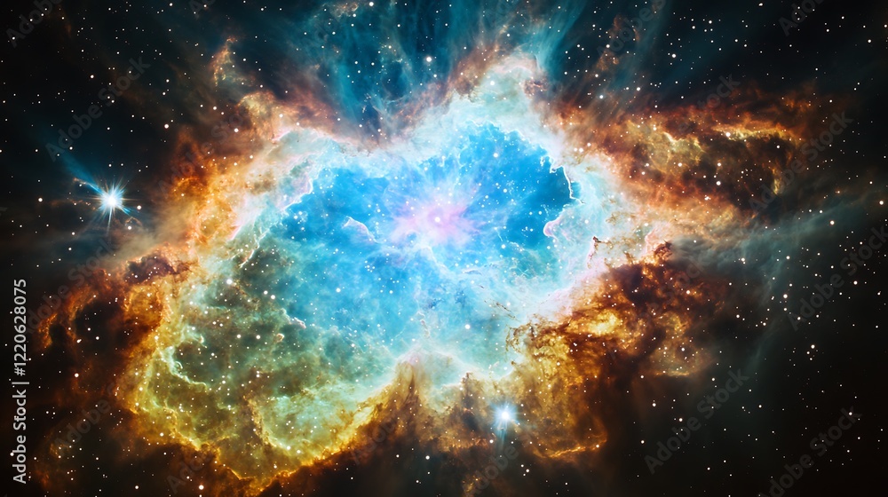 Fototapeta premium An explosive release of vibrant energy forms a nebula, characterized by a stunning display of colorful cosmic particles.