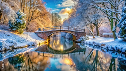 Frozen Basingstoke Canal: a winter wonderland in South England.  Stunning UK canal scene photography. photo