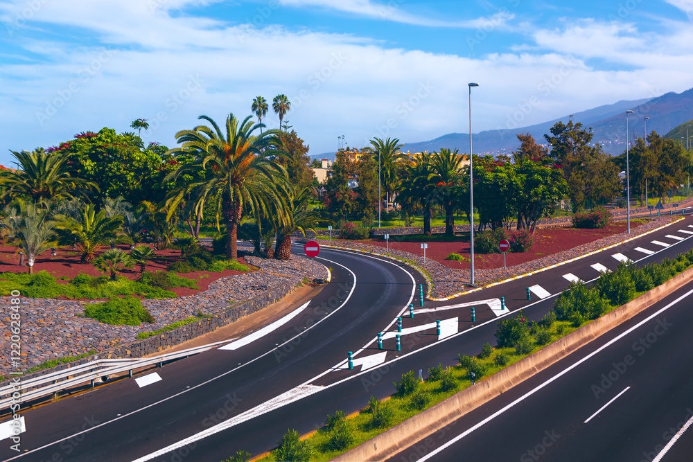 Scenic highway in the Canary Islands surrounded by lush greenery, palm trees, and a volcanic landscape under a vibrant blue sky. Perfect for transportation, travel, and nature-themed project