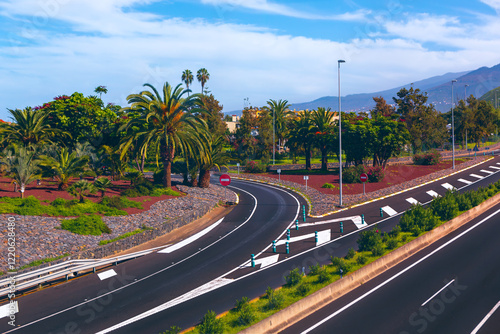 Obraz na płótnie Scenic highway in the Canary Islands surrounded by lush greenery, palm trees, and a volcanic landscape under a vibrant blue sky. Perfect for transportation, travel, and nature-themed project w salonie