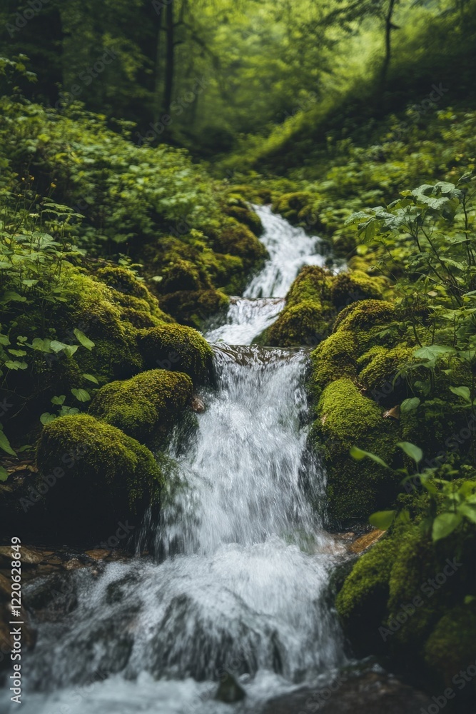 Lush Forest Waterfall with Flowing Stream Surrounded by Green Foliage, Captured in a Serene and Mystical Atmosphere Lush Forest Waterfall with Flowing Stream Surrounded by Green Foliage, Captured in a Serene and Mystical Atmosphere