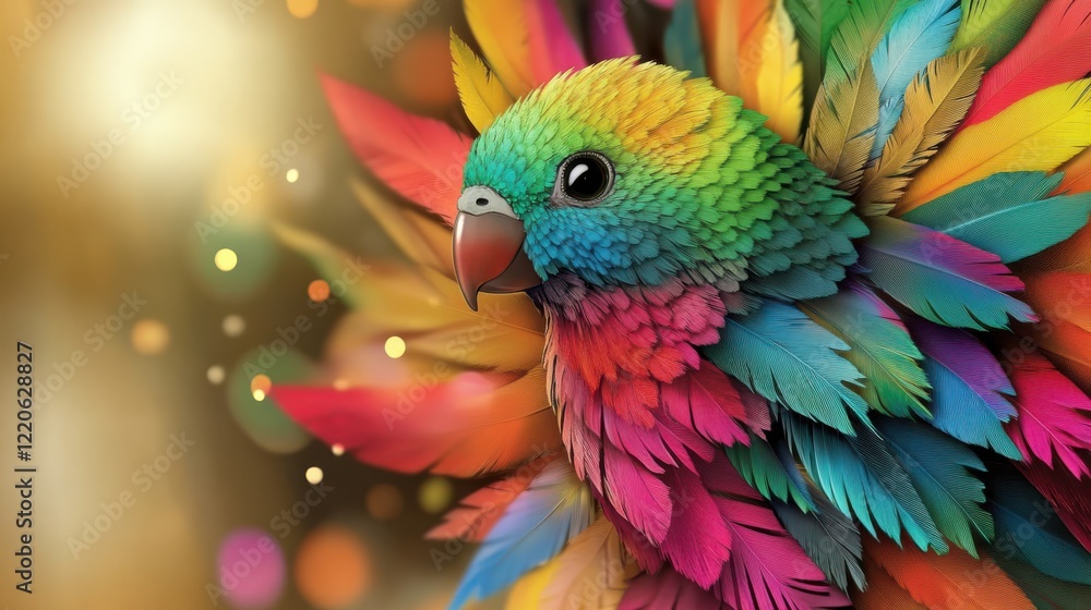 Fototapeta premium A beautifully detailed, vividly colored parrot showcases its stunning feathers, capturing the essence of nature's artistry and the beauty of wildlife in a dreamy atmosphere.