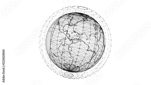 Vector abstract white sci-fi planet Earth with particles and lines. Technology network connection on world. Global digital connections ai. 3D virtual wireframe geometric sphere.