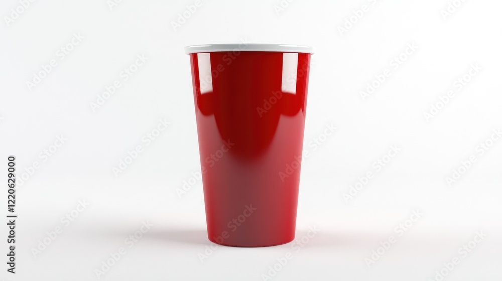 A tall red disposable cup with a white lid, isolated on a white background. A tall red disposable cup with a white lid, isolated on a white background.