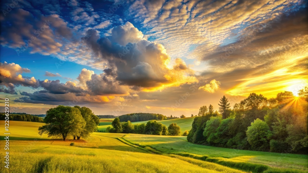 Obraz premium Golden hour bathes lush greenery under a sunny sky; a perfect summer day.