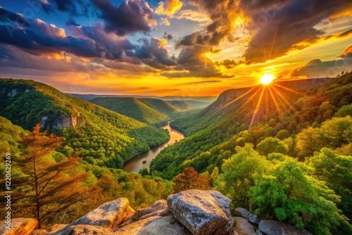 Golden hour paints Harpers Ferry's bokeh, Appalachian landscapes ablaze at Weverton Cliffs. photo