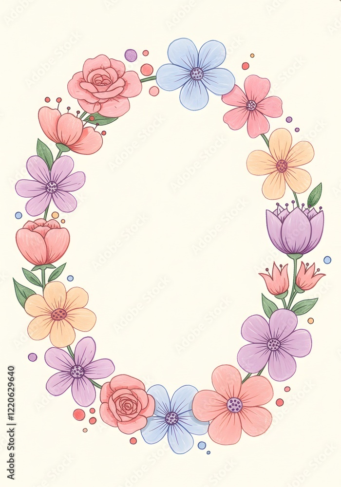 Fototapeta premium A wreath of hand-drawn whimsical flowers in pastel shades encircling a blank text area