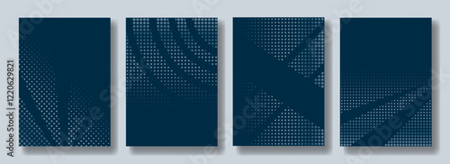 Abstract vertical poster set with halftone dotted texture and chaotic diagonal stipes and circles on dark blue background. Monochrome minimalist geometric banner, copy space, empty vector template.
