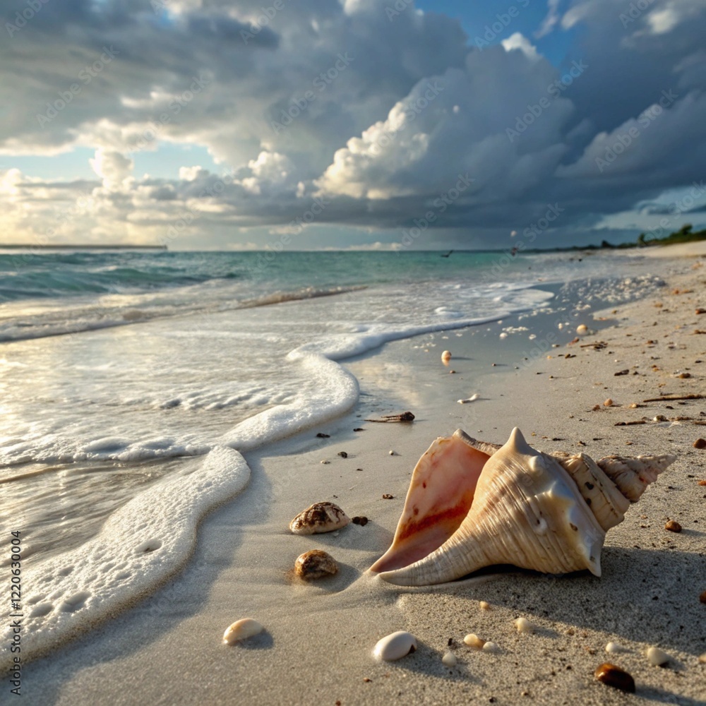 Conch shell on beach with waves. Conch shell on beach with waves.