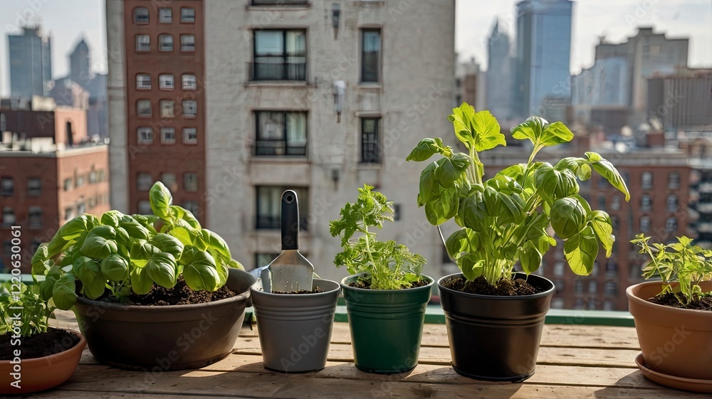 pair of hands planting herbs like basil and parsley in small pots on a balcony, with gardening tools, soil, and a watering can in view. The background shows an urban cityscape. pair of hands planting herbs like basil and parsley in small pots on a balcony, with gardening tools, soil, and a watering can in view. The background shows an urban cityscape.