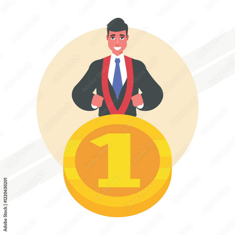 A businessman with a huge golden medal representing achievement and success A businessman with a huge golden medal representing achievement and success
