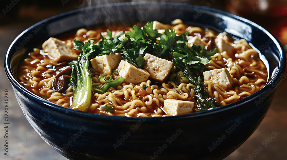 Steaming hot bowl of ramen noodles with tofu, mushrooms, bok choy, and fresh herbs. A delicious and healthy meal, perfect for a cozy night in or a vibrant food blog. Steaming hot bowl of ramen noodles with tofu, mushrooms, bok choy, and fresh herbs. A delicious and healthy meal, perfect for a cozy night in or a vibrant food blog.