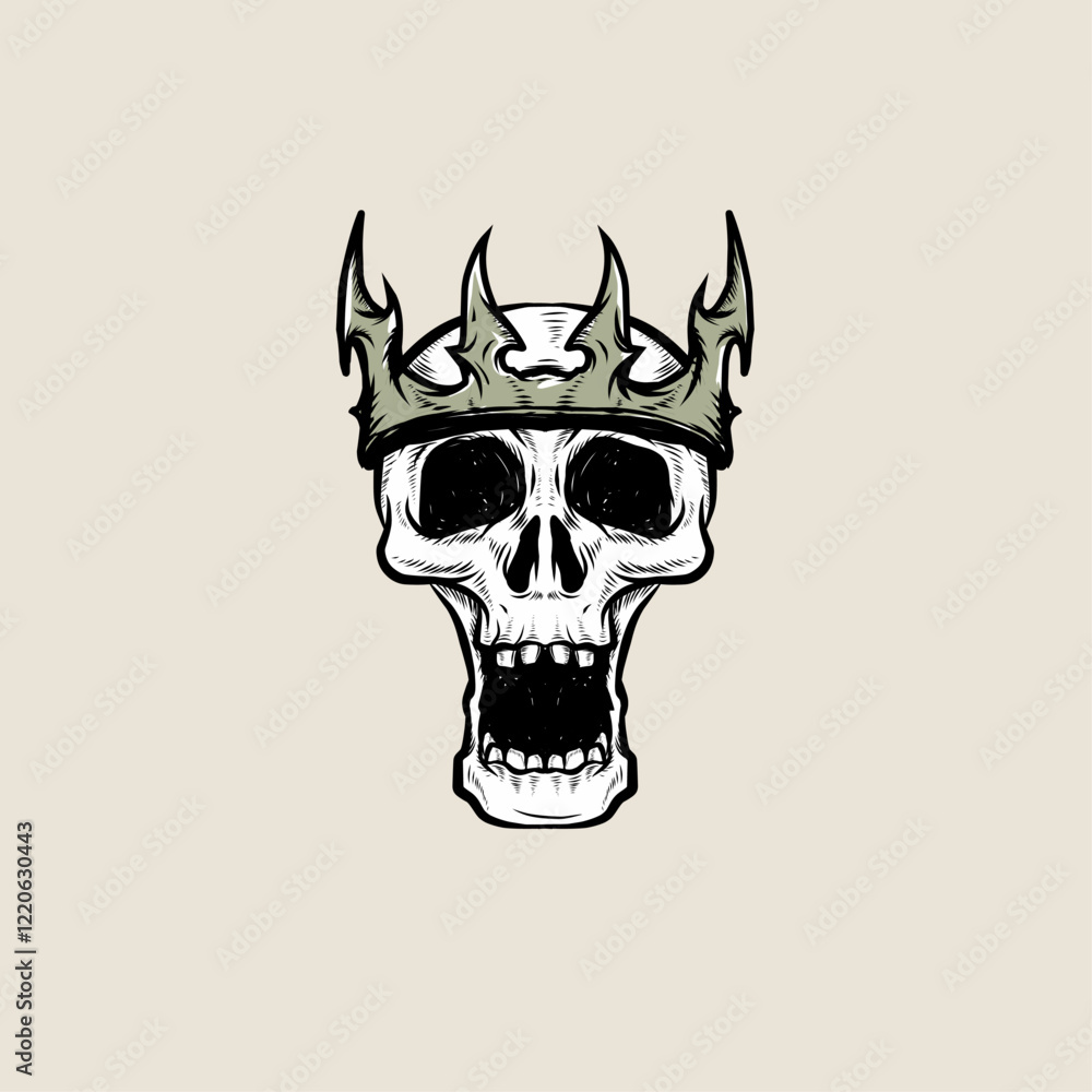 Fototapeta premium skull wearing a sharp crown, Detailed vector illustration, combining gothic and horror themes. Perfect for streetwear designs, poster, t-shirts, or dark themed merchandise apparel