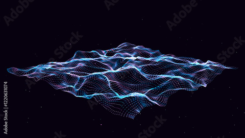 Vector glowing colors wave with motion dots and top view. Abstract digital background. Concept connection big data. Futuristic technology backdrop.