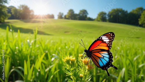 Vibrant butterfly resting on flower in grassy field, harmony of nature