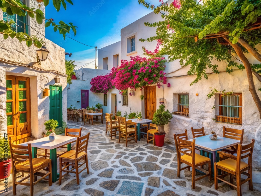 Fototapeta premium Charming Amorgos Island Square: Greek Taverna Tables & Chairs, Vertical Photo