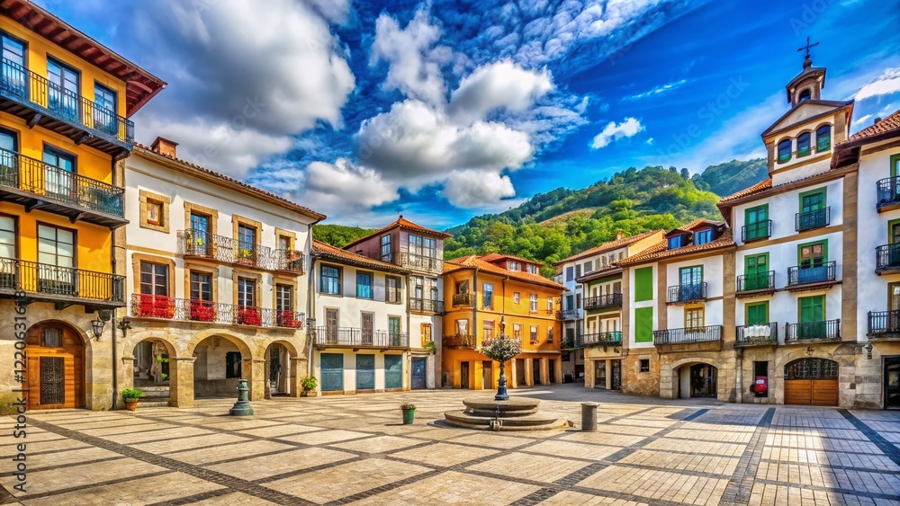 Fototapeta premium Charming Cangas de Narcea Square, Asturias, Spain: Picturesque Village Scene